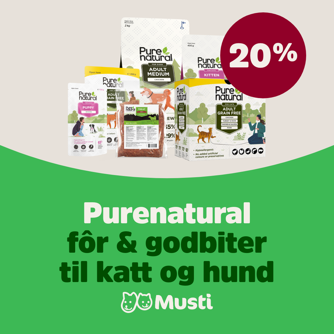 20% på fôr og godbiter fra Purenatural Musti